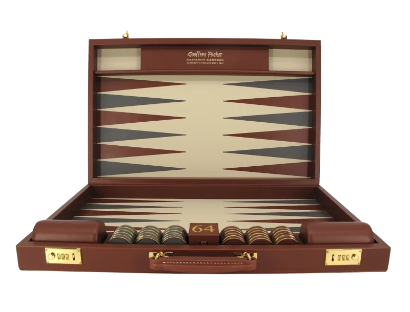 Elegant luxury backgammon set with wooden case and classic design for sophisticated gaming.